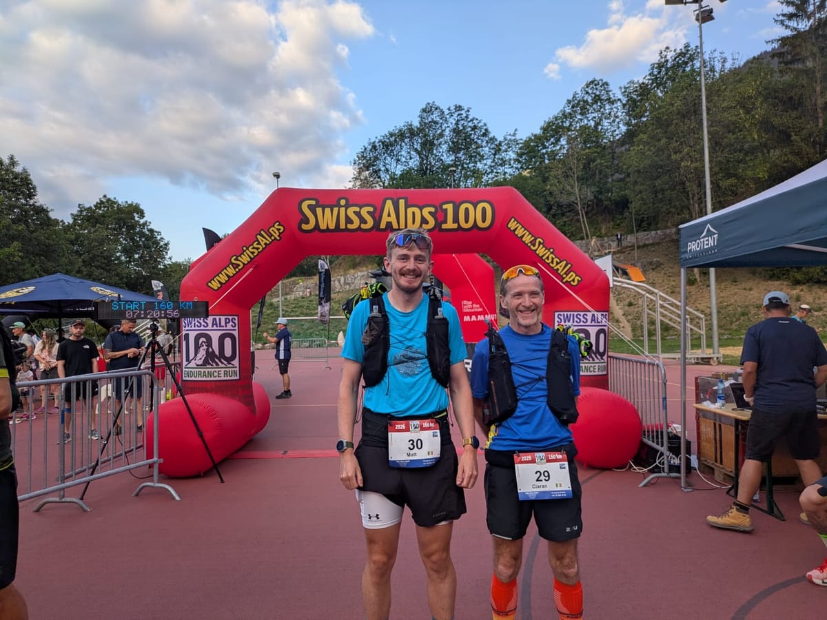 Race directors Matt O’Reilly (left) and Ciarán McAleenan (right), smiling at the start of the Swiss Alps 100